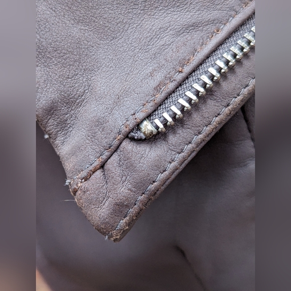 Lamarque Leather Jacket Womens Moto Gray Taupe Long Sleeve Zippers Knit Side - Picture 4 of 11